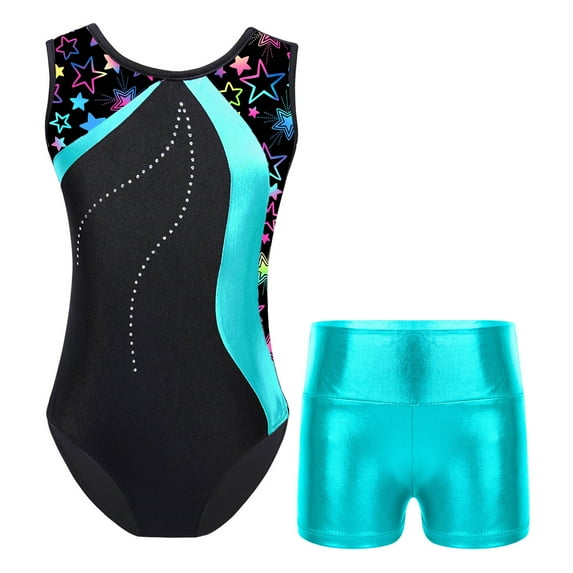 Alvivi Gymnastics Leotards for Girls Kids Sleeveless Printed Biketard with Shorts Athletic Trackusit Lake Green 12