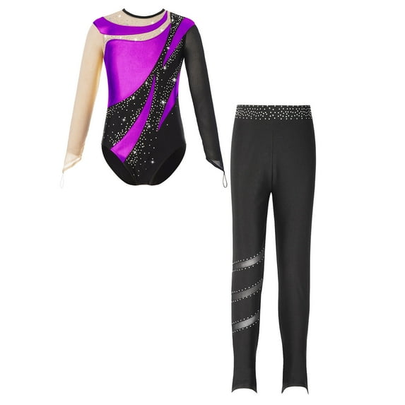 Alvivi Gymnastics Leotards for Girls Long Sleeve Mesh Splice Ballet Bodysuit with Legging Activewear Purple 12