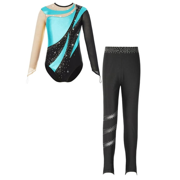 Alvivi Gymnastics Leotards for Girls Long Sleeve Mesh Splice Ballet Bodysuit with Legging Activewear Turquoise 16