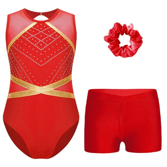 Alvivi Gymnastics Leotards for Girls Rhinestone Sleeveless Dance Ballet Bodysuit with Shorts Hair Tie Set Red 8