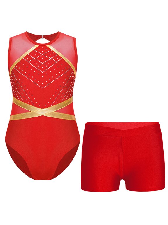 Gymnastics Leotards for Girls Sparkle Ballet Dance Bodysuit Tumbling Shorts Skating Unitard Red 8