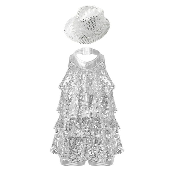 Alvivi Jazz Dance Dress for Kids Girls Sequin Tap Latin Dance Leotard Performance Costume and Hat Silver 4