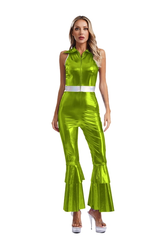 Jumpsuits for Women Long Rompers Sleeveless Shiny Metallic Flared Jumpsuit Bodysuit Green XXL