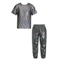 thumbnail image 1 of Alvivi Kids 2 Piece Dance Outfit Shorts Sleeve Shiny Metallic T-shirt with Pant Set Jazz Hip-hop Costume Black 9-10, 1 of 5