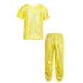thumbnail image 1 of Alvivi Kids 2 Piece Dance Outfit Shorts Sleeve Shiny Metallic T-shirt with Pant Set Jazz Hip-hop Costume Gold 14-15, 1 of 5