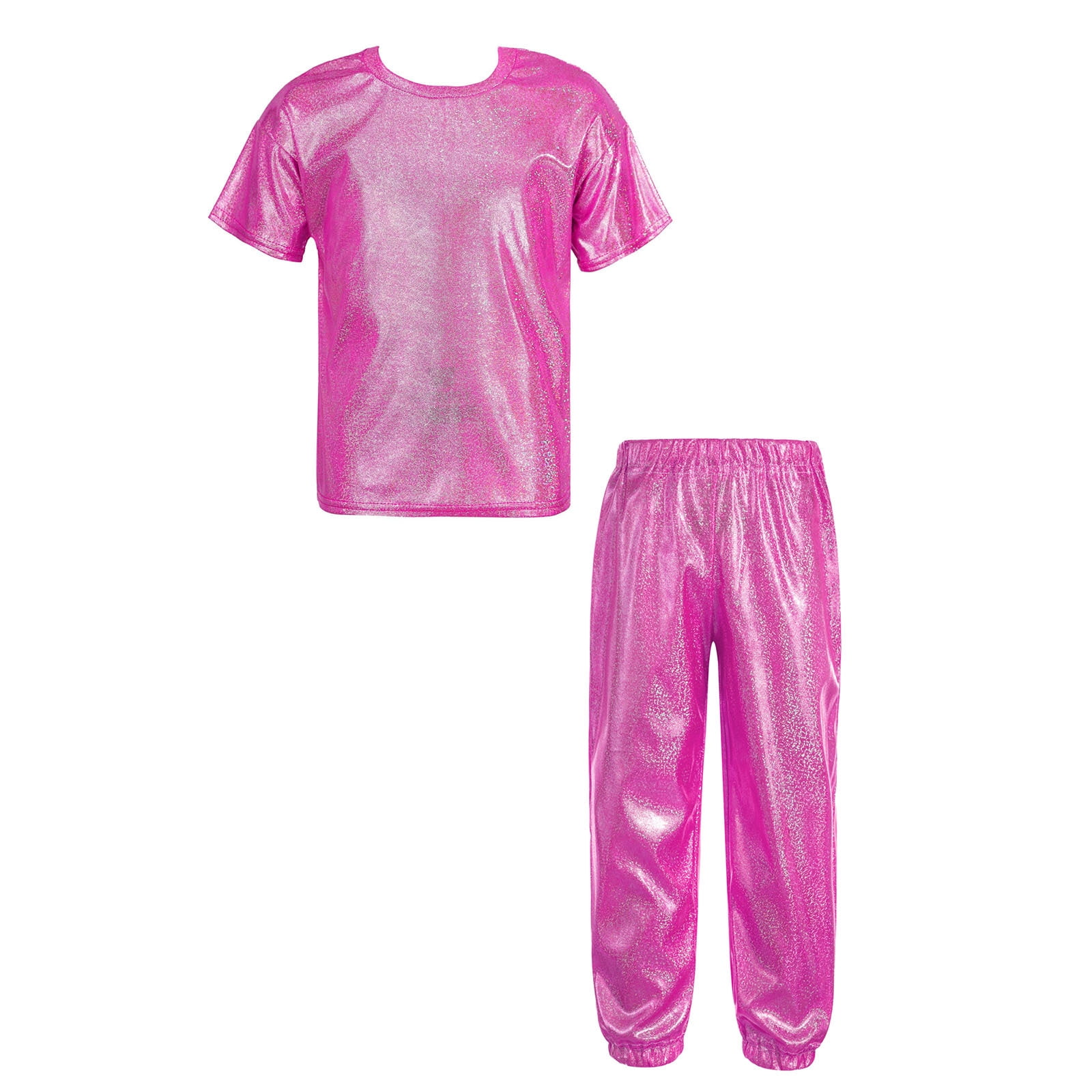 Alvivi Kids 2 Piece Dance Outfit Shorts Sleeve Shiny Metallic Tshirt with Pant Set Jazz Hiphop