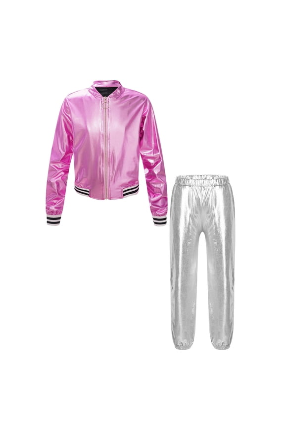 Kids Boy Girl Jazz Hip Hop Dance Costume Shiny Metallic Long Sleeves Bomber Jacket and Pants Set Pink&Silver 8