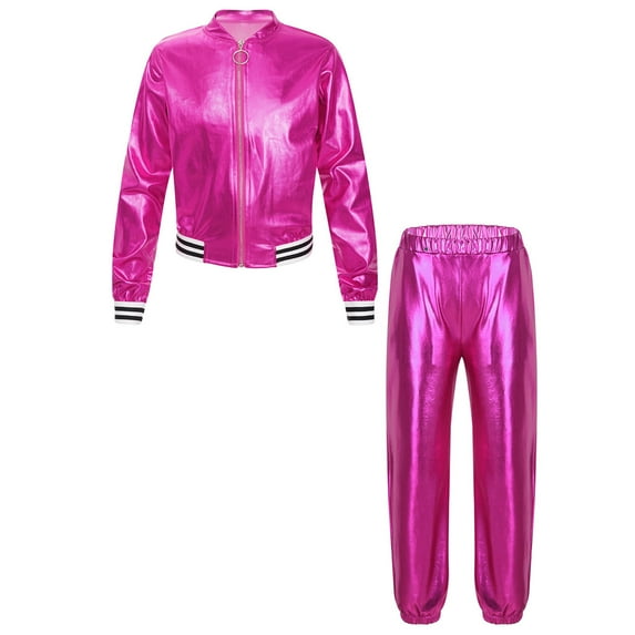 Alvivi Kids Boy Girl Jazz Hip Hop Dance Costume Shiny Metallic Long Sleeves Bomber Jacket and Pants Set Rose 14