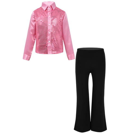 Alvivi Kids Boys Disco Choir Latin Jazz Dance Outfit Sparkle Shirt Blouse Tops with Flared Pants Set Pink 6