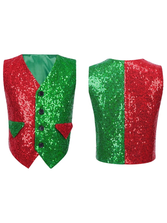 Kids Boys Elf Costume Color Block Sparkly Sequins Vest Christmas Party Waistcoat 4-14