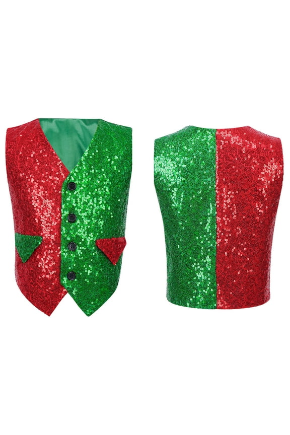Kids Boys Elf Costume Color Block Sparkly Sequins Vest Christmas Party Waistcoat 4-14
