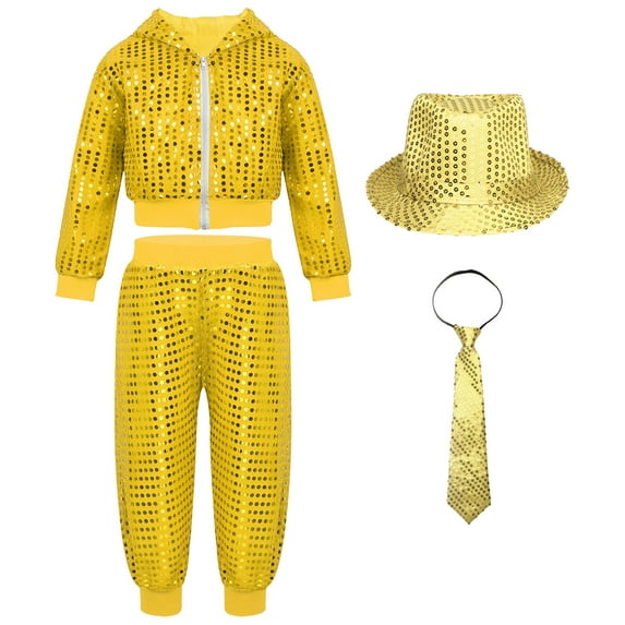 Alvivi Kids Boys Girls Hip Hop Jazz Dance Outfits Shiny Tops with Pants Hat Necktie Performance Costume Yellow 5-6