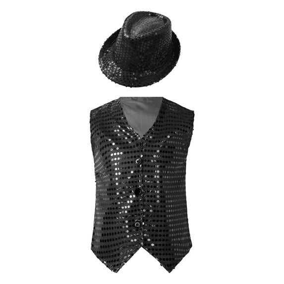 Alvivi Kids Boys Girls Sequined Shirt Vest for Hip-Hop Street Dance Performance Waistcoat with Hat Black 17-18