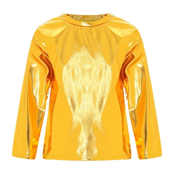 Alvivi Kids Boys Girls Shiny Metallic Hip Hop Dance T-Shirt Long Sleeve Shirts Tee Dancewear Gold 11-12