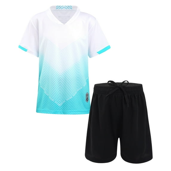 Alvivi Kids Boys Gradient Print Basketball Football Sweatsuit Short Sleeve Shirts with Drawstring Shorts Set White 7-8