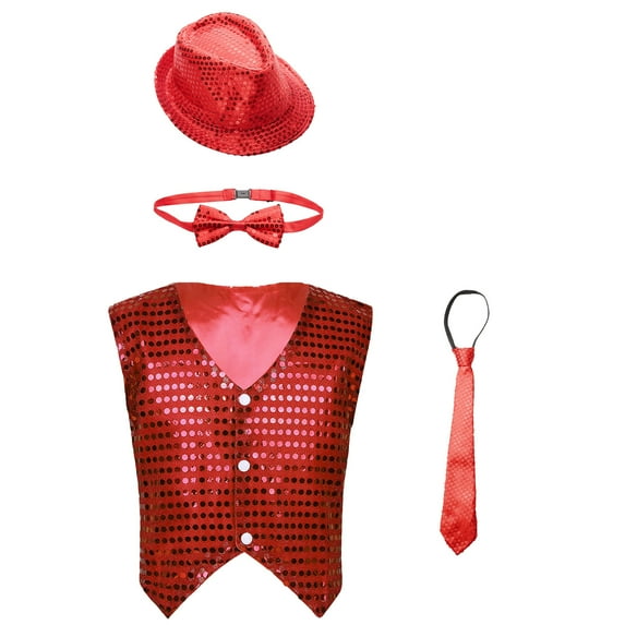 Alvivi Kids Boys Sequins Jazz Hip-hop Disco Dance Top Vest with Hat Bowtie Necktie Performance Costume Red 8-9
