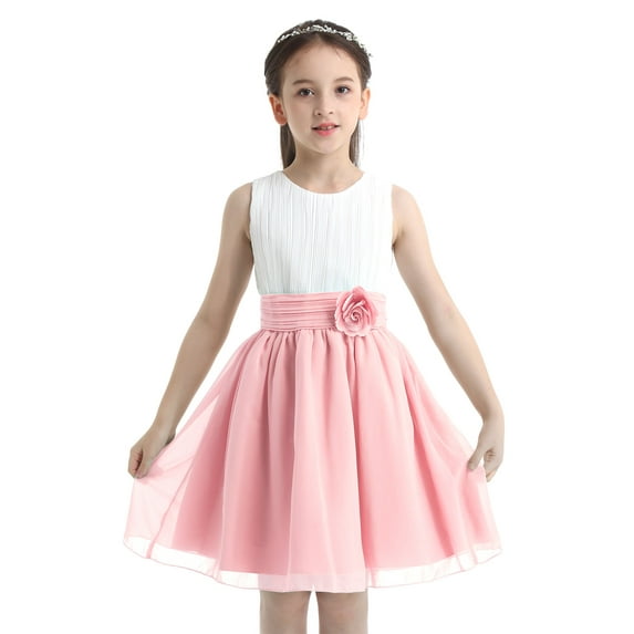 Alvivi Kids Flower Girl Dress Sleeveless Chiffon Pleated Dress Birthday Wedding Pageant Party Dress Girls Bridesmaid Dress White&Pink 10
