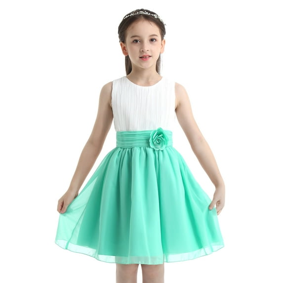 Alvivi Kids Flower Girl Dress Sleeveless Chiffon Pleated Dress Birthday Wedding Pageant Party Dress Girls Bridesmaid Dress White&Turquoise 8
