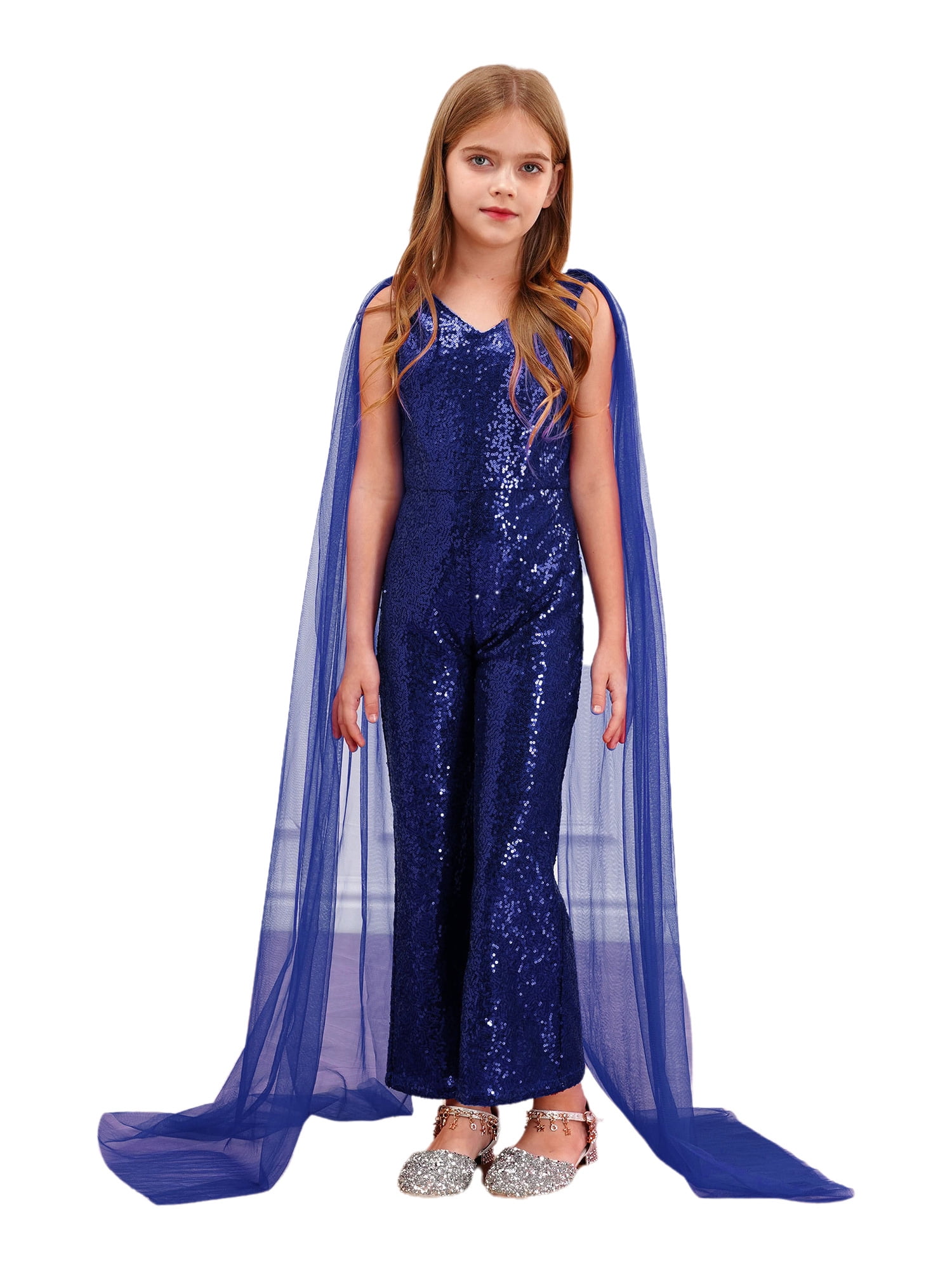 Alvivi Kids Flower Girl Shiny Sequins Jumpsuit Wide Leg Pants Cape
