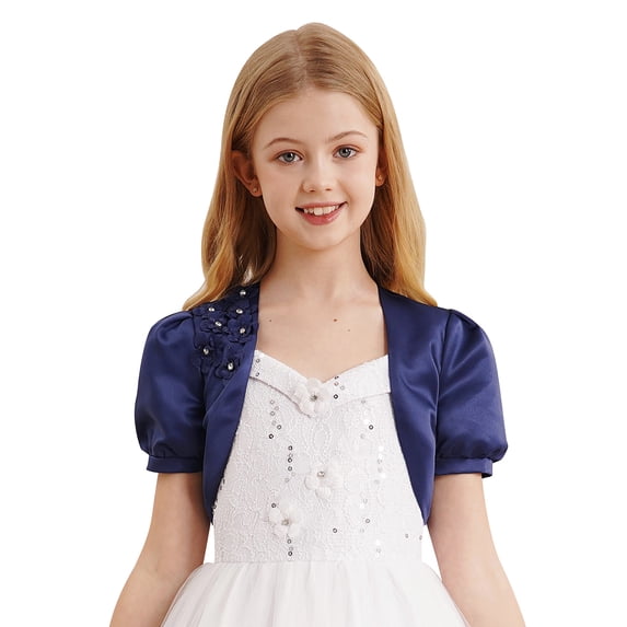 Alvivi Kids Flower Girl Shrug Bolero Cape Dress Cover Up Short Puff Sleeve Open Front Cardigan Coats Navy Blue 6
