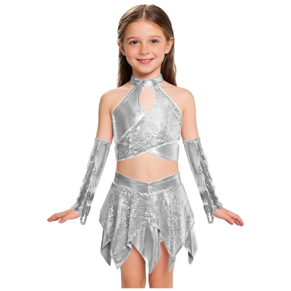 Alvivi Kids Girl Jazz Hip Hop Dance Costume Shiny Metallic Sleeveless Metallic Crop Top with Skirt and Gloves Silver 16
