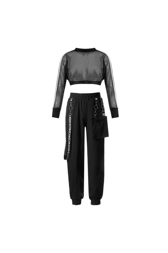 Kids Girls 2 Piece Hip Hop Dance Costume Shirt Cargo Pants Jazz Street Dance Outfits Black 8