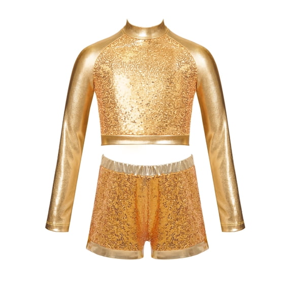Alvivi Kids Girls 2 Piece Hip-Hop Dance Outfit Long Sleeve Metallic Crop Top with Shorts Streetdance Gym Dancewear Gold 14
