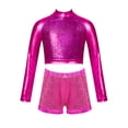 thumbnail image 1 of Alvivi Kids Girls 2 Piece Hip-Hop Dance Outfit Long Sleeve Metallic Crop Top with Shorts Streetdance Gym Dancewear Hot Pink 10, 1 of 5