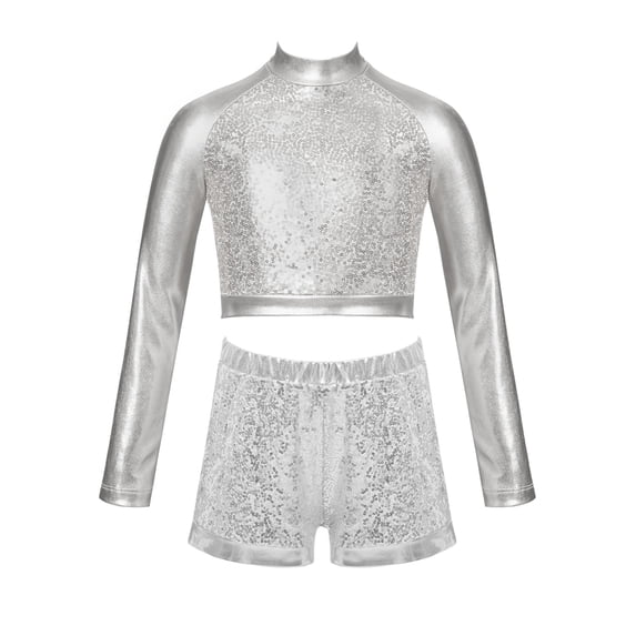 Alvivi Kids Girls 2 Piece Hip-Hop Dance Outfit Long Sleeve Metallic Crop Top with Shorts Streetdance Gym Dancewear Silver 10