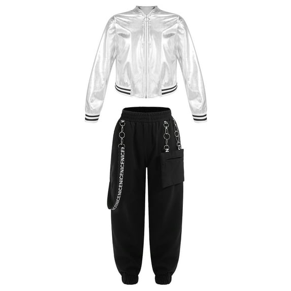 Alvivi Kids Girls 2 Piece Hip Hop Dance Outfits Long Sleeve Jacket with Cargo Pants Tracksuits Set Silver&Black 8