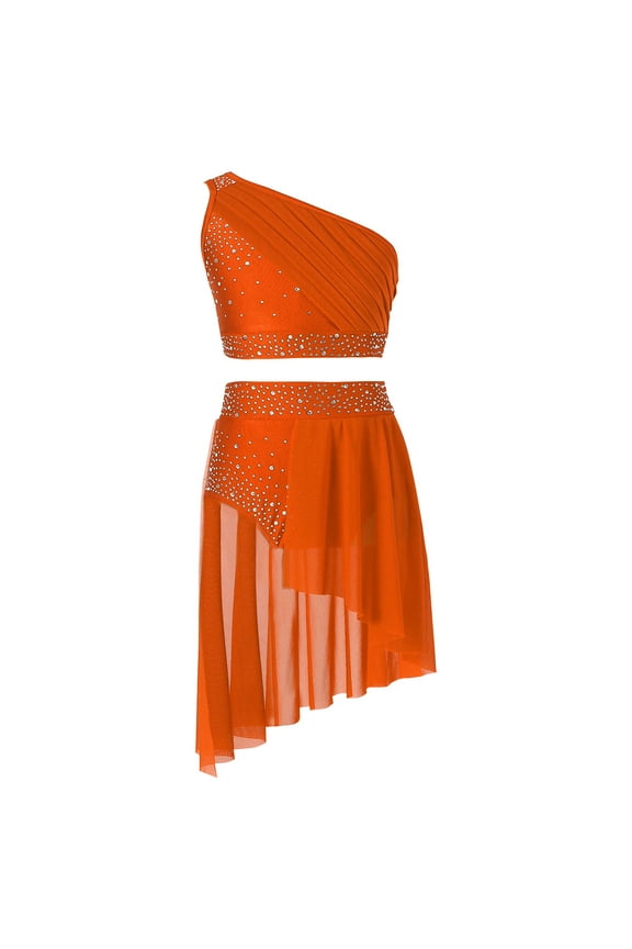 Kids Girls 2 Piece Lyrical Dance Costume Modern Contemporary Dance Crop Top and Skirt Outfits Orange 8