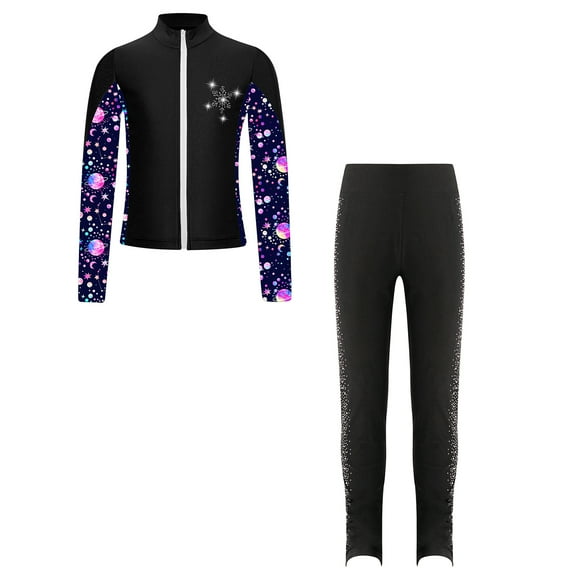 Alvivi Kids Girls 2 Pieces Figure Skating Gymnastics Tracksuit Long Sleeve Full Zip Jacket and Leggings Set Black 14