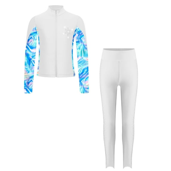 Alvivi Kids Girls 2 Pieces Figure Skating Gymnastics Tracksuit Long Sleeve Full Zip Jacket and Leggings Set White 14