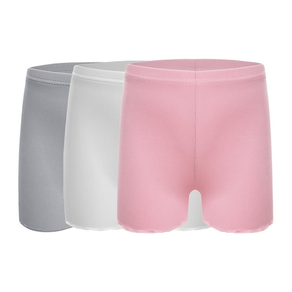 Alvivi Kids Girls 3 Pack Silk Shorts Gymnastics Dance Bike Athletic Bottom Safety Shorts Under Party Dress Gray&White&Pink 3-4