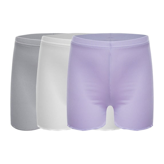 Alvivi Kids Girls 3 Pack Silk Shorts Gymnastics Dance Bike Athletic Bottom Safety Shorts Under Party Dress Gray&White&Purple 2-3