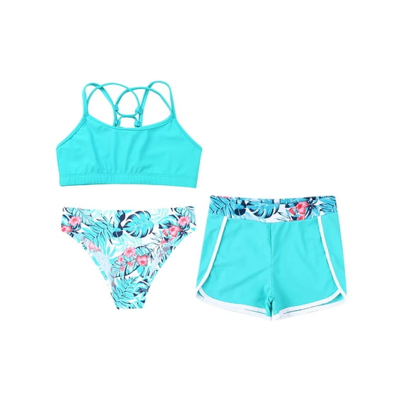 Alvivi Kids Girls 3 Pcs Athletic Tankini Bikini Top with Brief Swim Boardshorts Swimsuit Bathing Suit Leaf 6