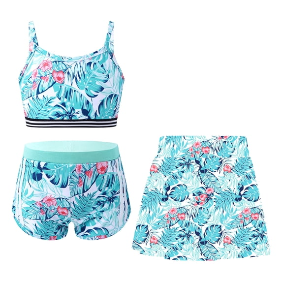 Alvivi Kids Girls 3 Piece Swimsuit Bathing Suit Floral Print Bikini Set with Cover Up Beach Skirt Swimwear Leaf-A 10