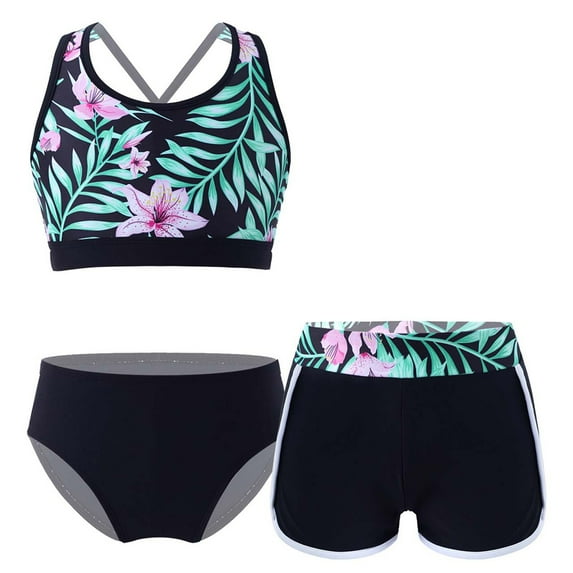 Alvivi Kids Girls 3 Piece Swimsuits Floral Print Swimwear Crop Tops Shorts Briefs Set