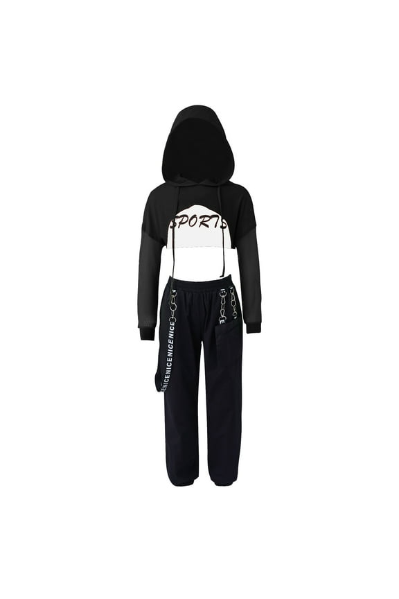 Kids Girls 3 Pieces Hip Hop Dance Outfit Modern Jazz Team Performance Costume Dancewear Black 16
