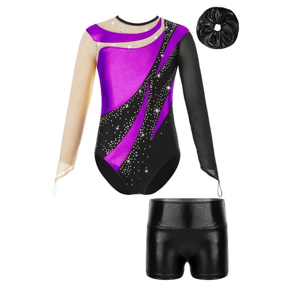 Alvivi Kids Girls 3Pcs Gymnastic Outfits Ballet Dance Leotard Long Sleeve Bodysuit with Booty Shorts Purple&Black 10