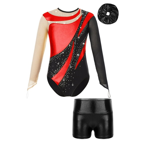 Alvivi Kids Girls 3Pcs Gymnastic Outfits Ballet Dance Leotard Long Sleeve Bodysuit with Booty Shorts Red&Black 10