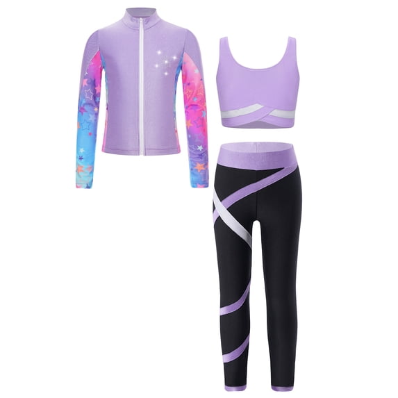 Alvivi Kids Girls 3pcs Gym Outfits Crop Tops and Yoga Pants Long Sleeve Jacket Set for Training Figure Skating Light Purple 16