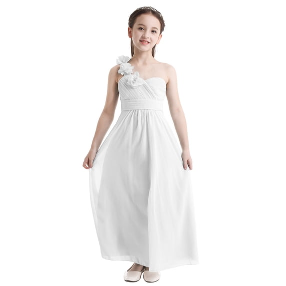Alvivi Kids Girls A-Line Chiffon One Shoulder Flower Girl Dress Junior Bridesmaid Wedding Party Pageant Prom Dresses White 14