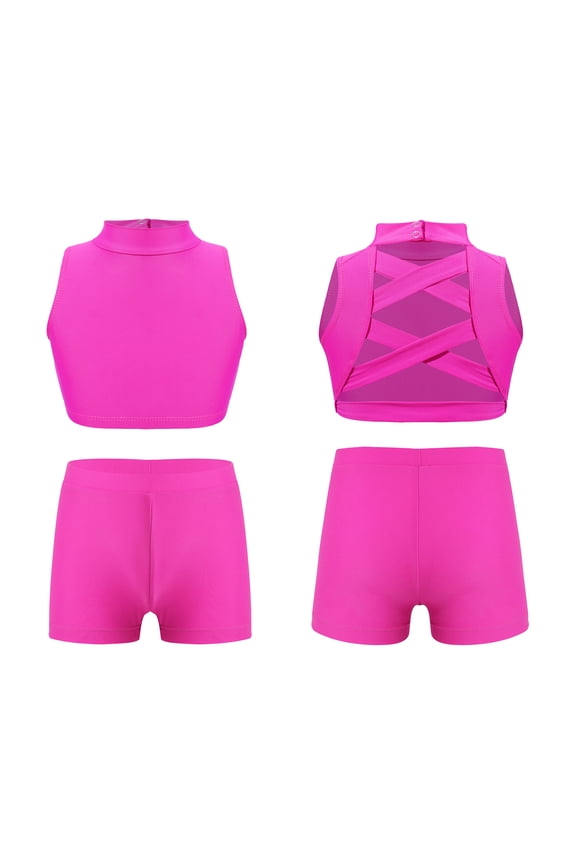 Kids Girls Active Gym Fitness Sportswear Short Tracksuits Gymnastics Dance Outfits Hot Pink 8