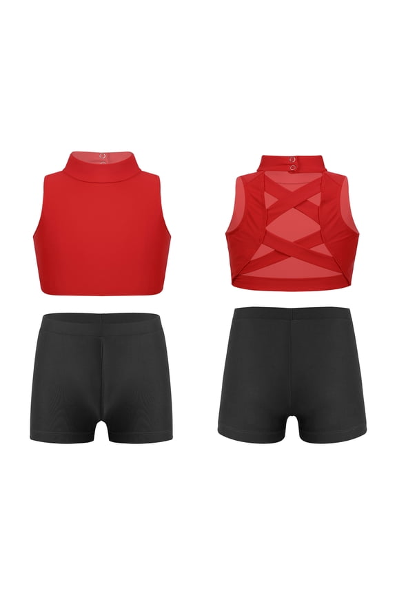 Kids Girls Active Gym Fitness Sportswear Short Tracksuits Gymnastics Dance Outfits Red&Black 8