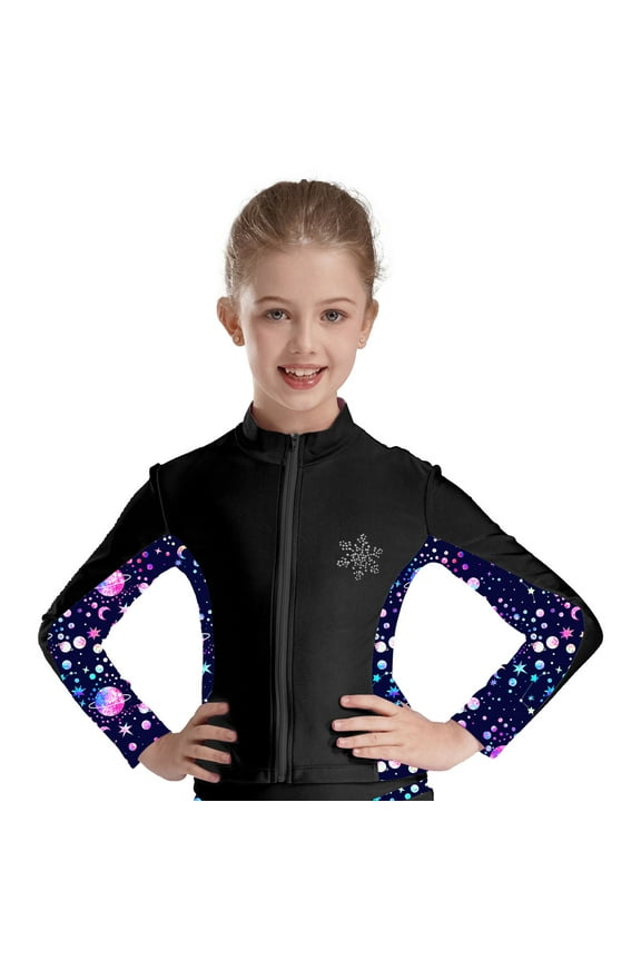 Kids Girls Athletic Sport Jacket Long Sleeve Zipper Figure Ice Skating Coat Top Gymnastic Outerwear Black 16