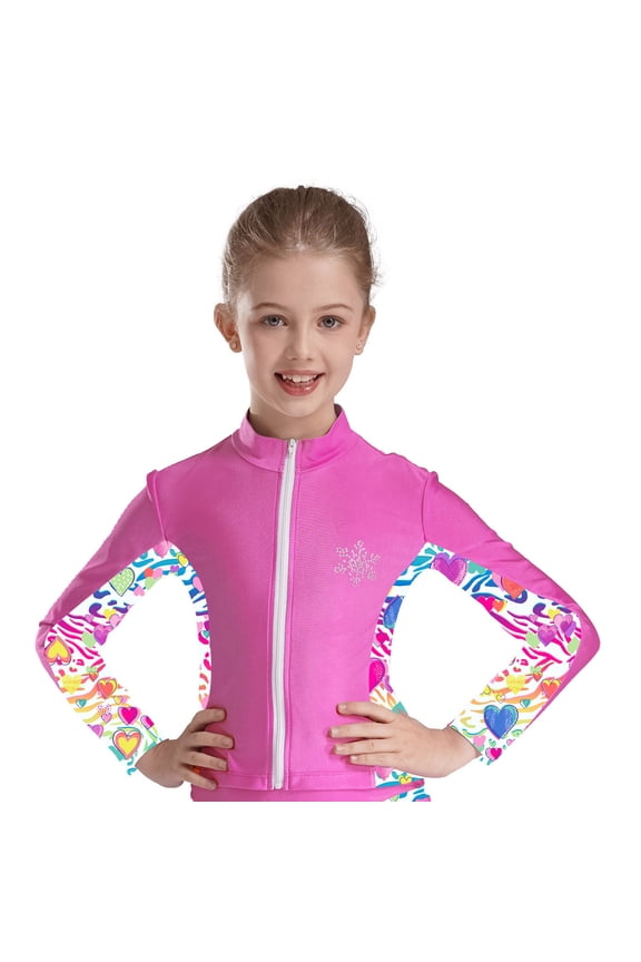 Kids Girls Athletic Sport Jacket Long Sleeve Zipper Figure Ice Skating Coat Top Gymnastic Outerwear Hot Pink 4