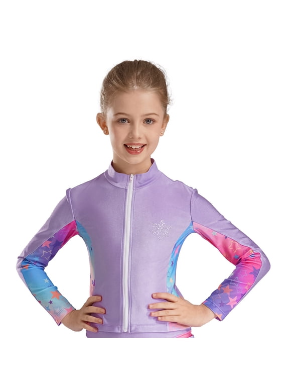 Kids Girls Athletic Sport Jacket Long Sleeve Zipper Figure Ice Skating Coat Top Gymnastic Outerwear Purple 4