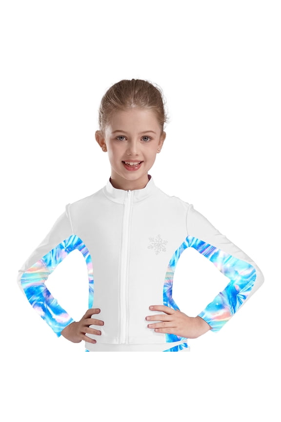 Kids Girls Athletic Sport Jacket Long Sleeve Zipper Figure Ice Skating Coat Top Gymnastic Outerwear White 4