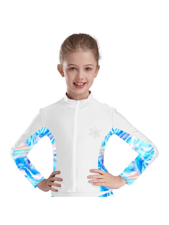 Kids Girls Athletic Sport Jacket Long Sleeve Zipper Figure Ice Skating Coat Top Gymnastic Outerwear White 4